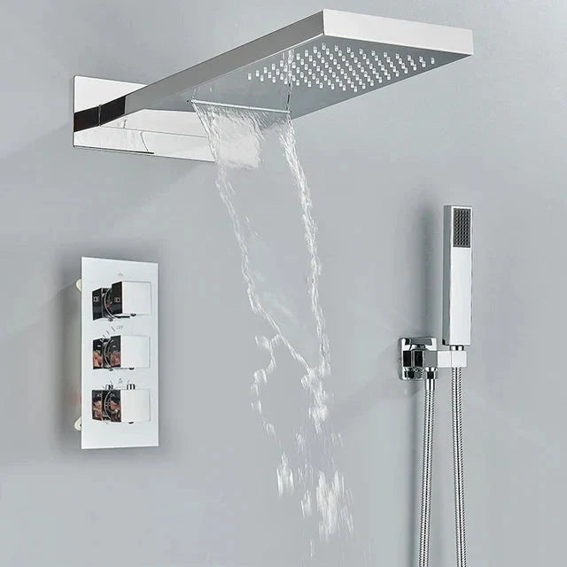 Rain Waterfall Shower Head With 3-way Thermostatic Mixer Tap-Rain Shower Heads-Index Bath-Chrome-Index Bath
